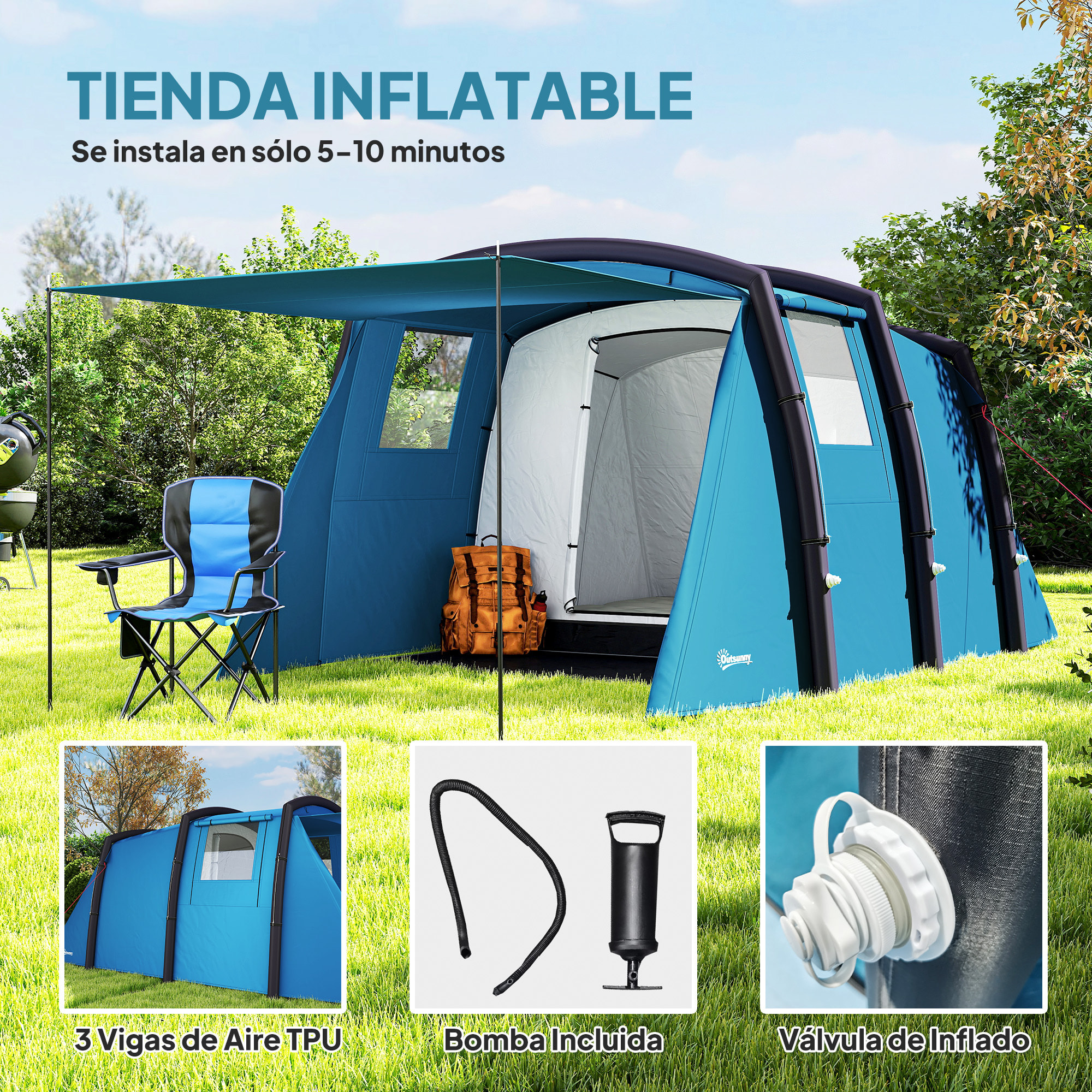 Tienda de Campaña Inflable Familiar Tipo Túnel para 3€“6 Personas Tienda de Campaña Glamping con Vestíbulo Ventanas de Malla y Bolsa de Transporte Protección UV 50+ Impermeable al Aire Libre