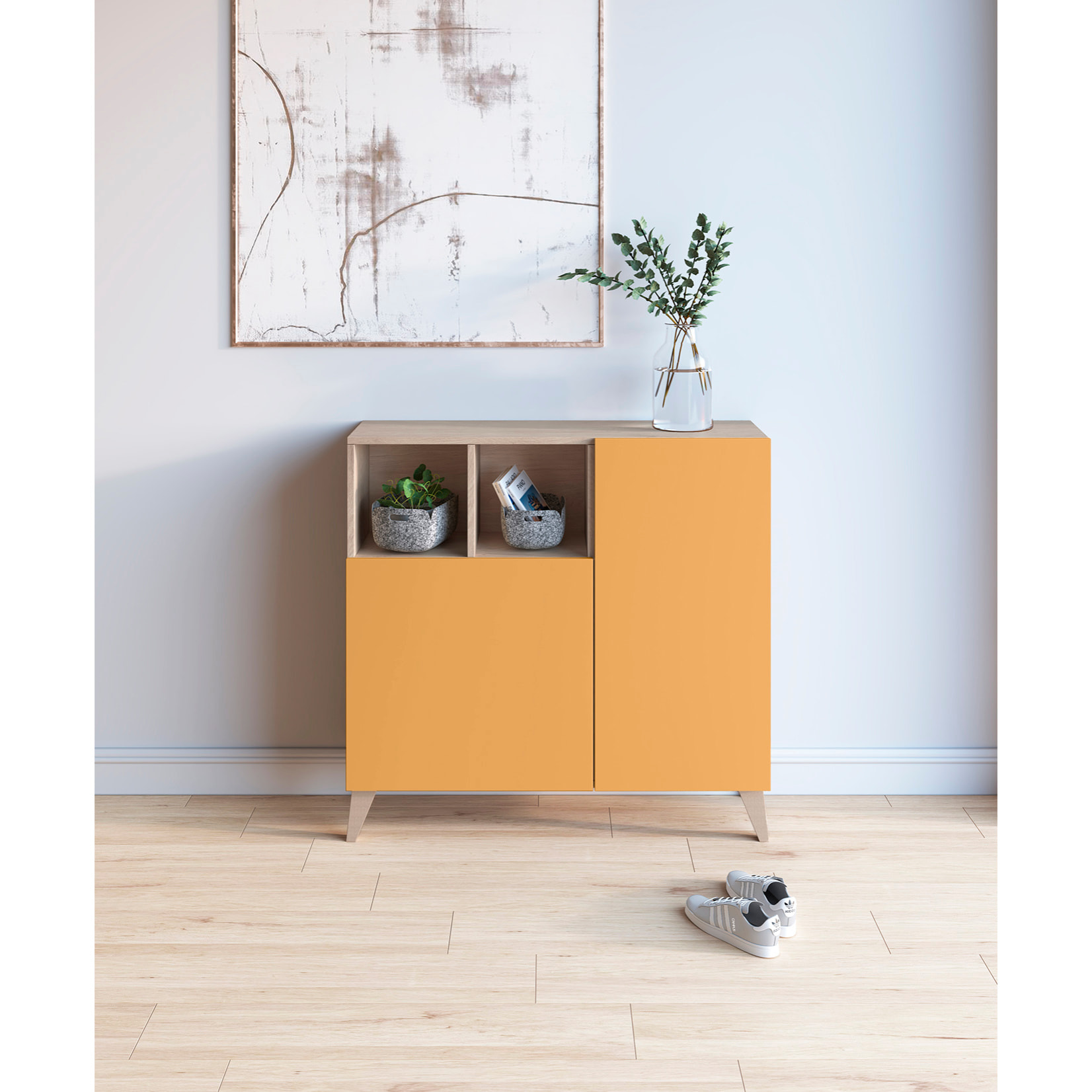 Zapatero Oslo melamina roble claro puertas mostaza 87x90x27 cm