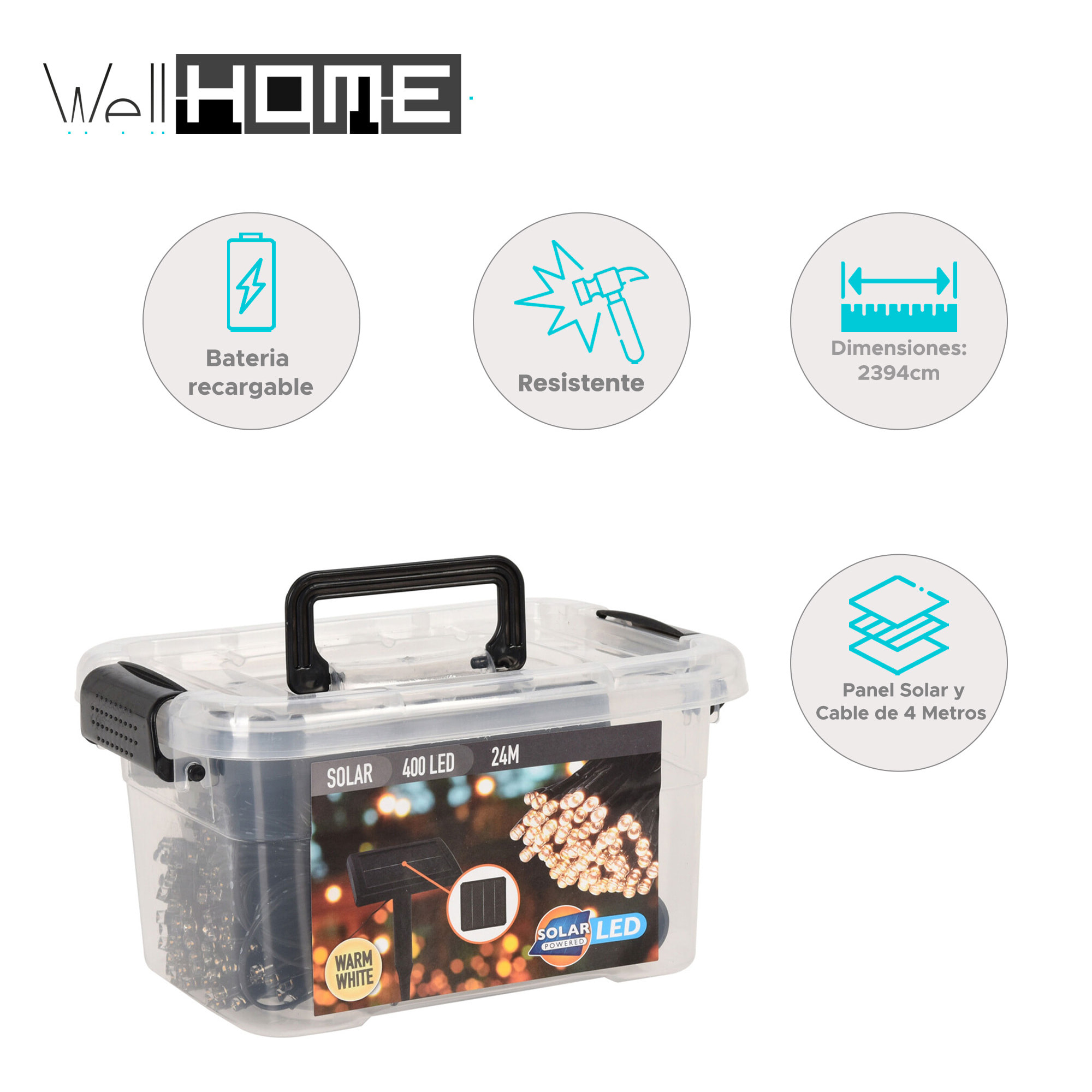 Guirnalda de luz led solar con 400 bombillas, panel solar policristalino y cable de 4 metros