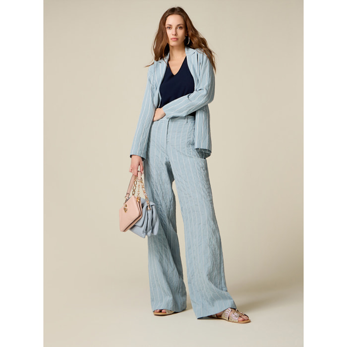 Oltre - Pantaloni palazzo gessati effetto crinkle - Azzurro