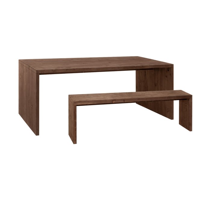 Pack mesa de comedor y banco de madera maciza en tono nogal de varias medidas