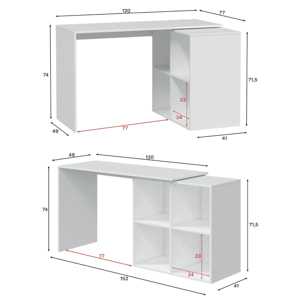 Scrivania Revere, Scrittoio angolare, Tavolo ufficio multiuso, Scrivania salvaspazio multiposizione, 152x49h74 cm, Bianco