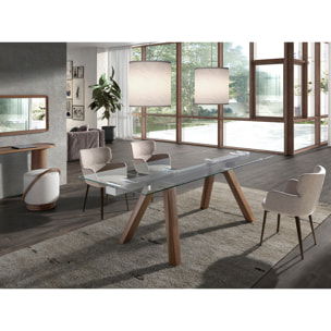 Silla con reposabrazos con asiento y respaldo tapizados en tela marrón jaspeada patas de acero inoxidable en marrón metal 58x59x80cm