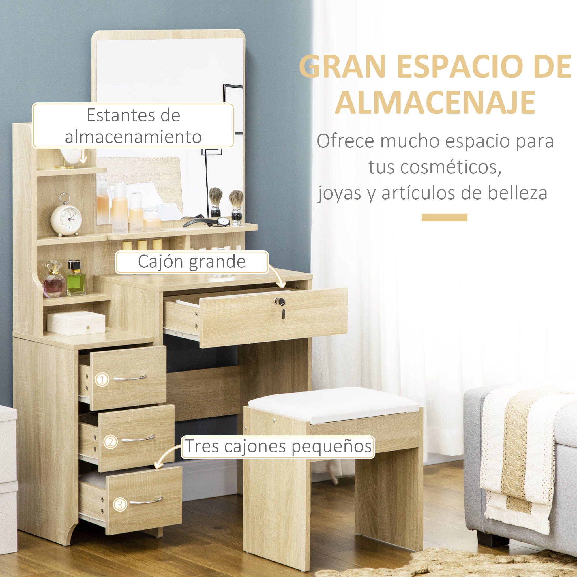 Tocador de Maquillaje con Taburete, Tocador con Espejo, 4 Cajones, Estantes, Compartimentos Abiertos, Estilo Moderno, para Dormitorio, Vestidor, 80x38x143 cm, Natural