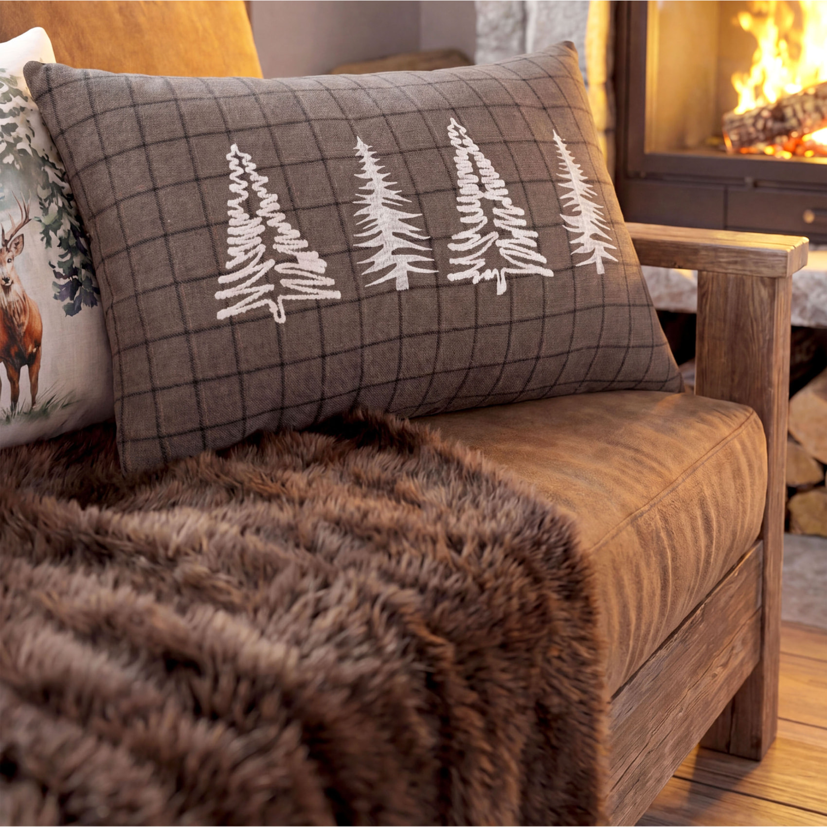 Coussin rectangulaire à carreaux et sapins brodés - Taupe