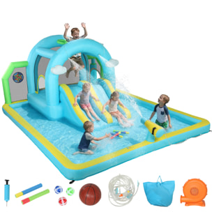 Castillo Hinchable Acuático 7 en 1 con Soplador 450W, Castillo Hinchable para Niños con 2 Toboganes, Trampolín, Piscina, Canasta, Columna de Boxeo, Exterior/Interior, 3-8 Años, 426x360x198 cm