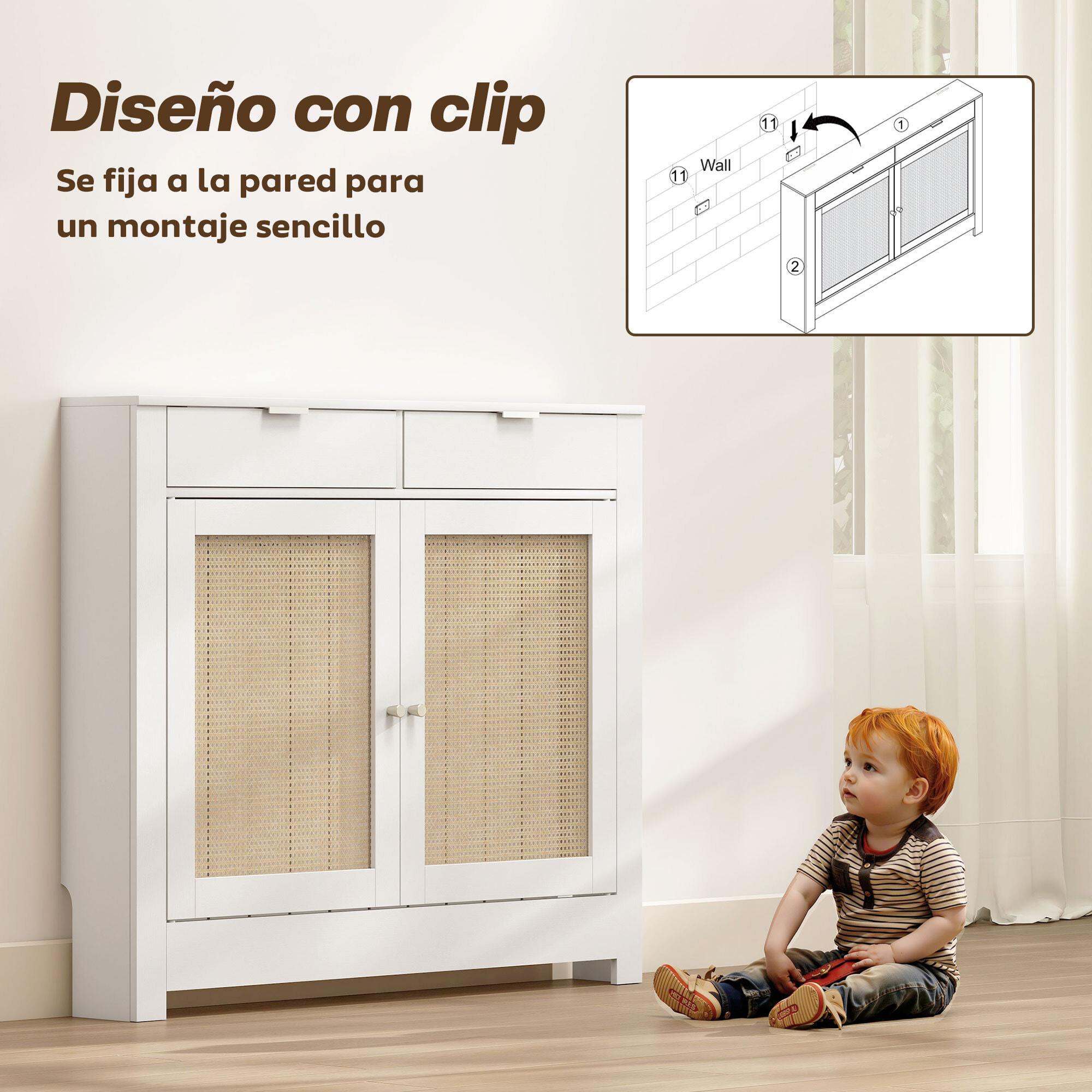 Cubre Radiadores con Puertas Abatibles y Ratán, Cubreradiador de MDF, 111x19x95,5 cm, Cubierta para Radiador, 2 Compartimentos, Diseño Bohemio, para Salón, Dormitorio, Blanco