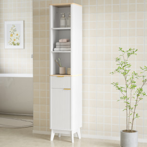 Colonne de salle de bain design effet cannelé - porte, étagère, tiroir, 3 niches - blanc effet bois