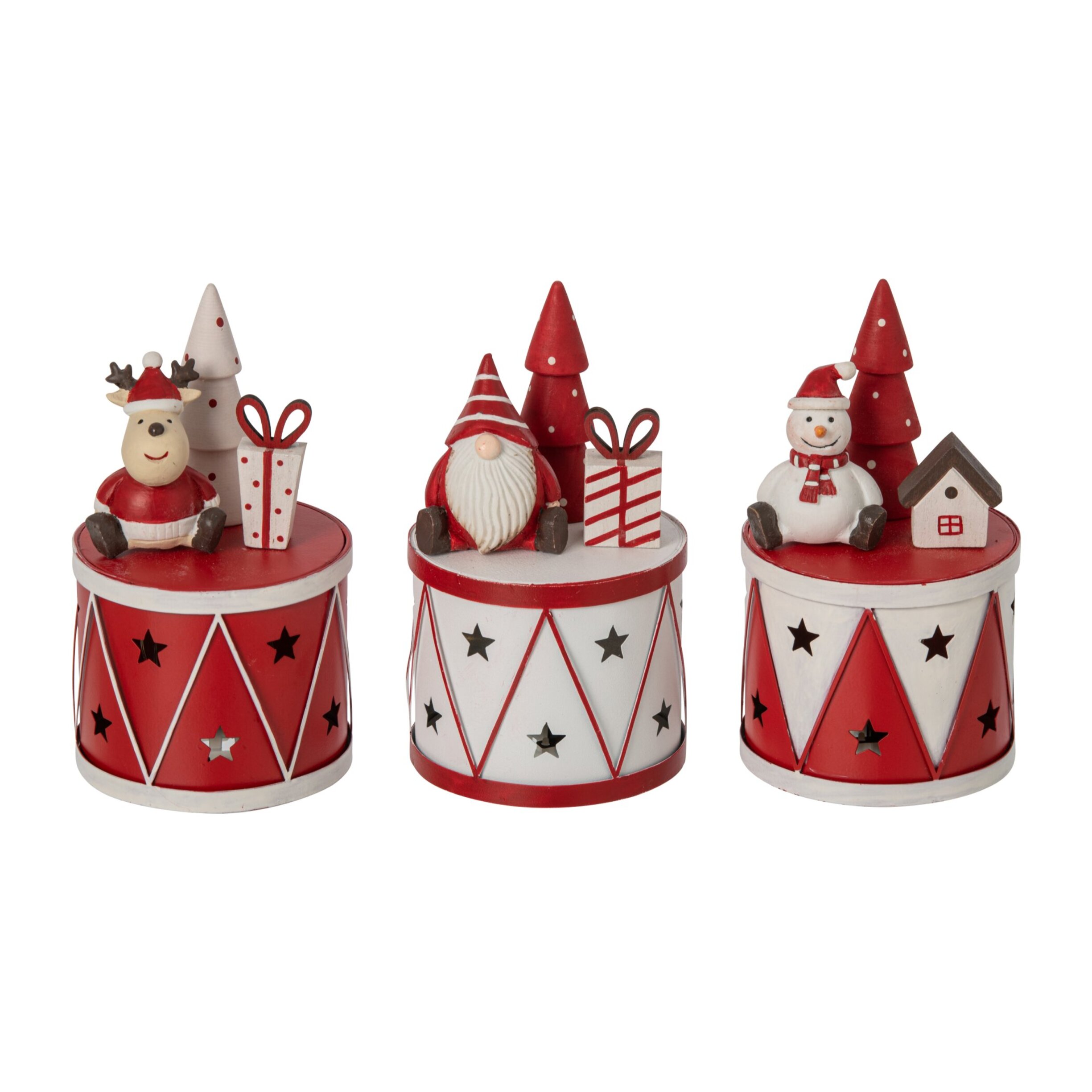 J-Line tambours LED Père Noël, bonhomme de neige et renne - fer - blanc/rouge Noël - assortiment de 3