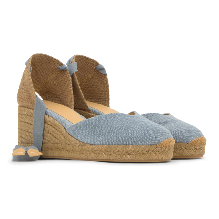 Alpargata chiara cuña 7 cm en algodón orgánico con cintas