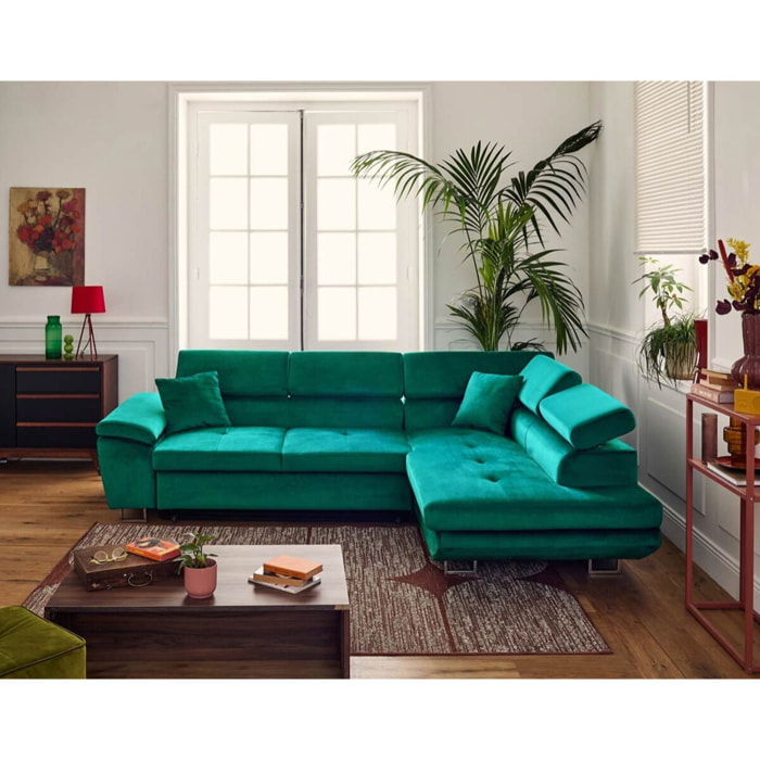 Dimas - canapé d'angle droit 5 places - convertible avec coffre et têtières réglables - en velours - Vert