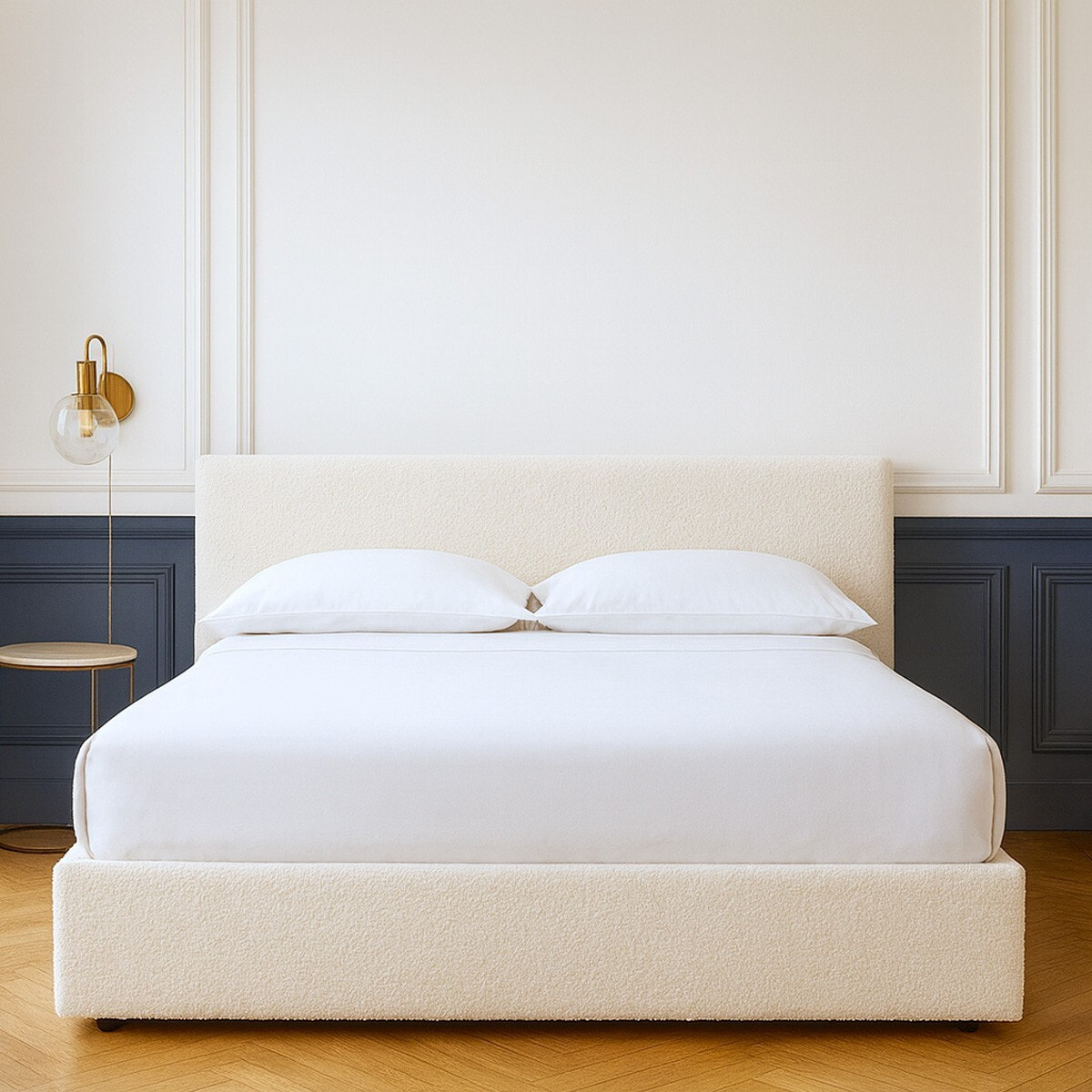 Lit coffre avec tête de lit en tissu bouclé - TINA