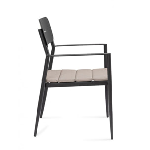 Set di 4 sedie NEBULA in alluminio antracite con cuscino tortora impermeabile, con braccioli