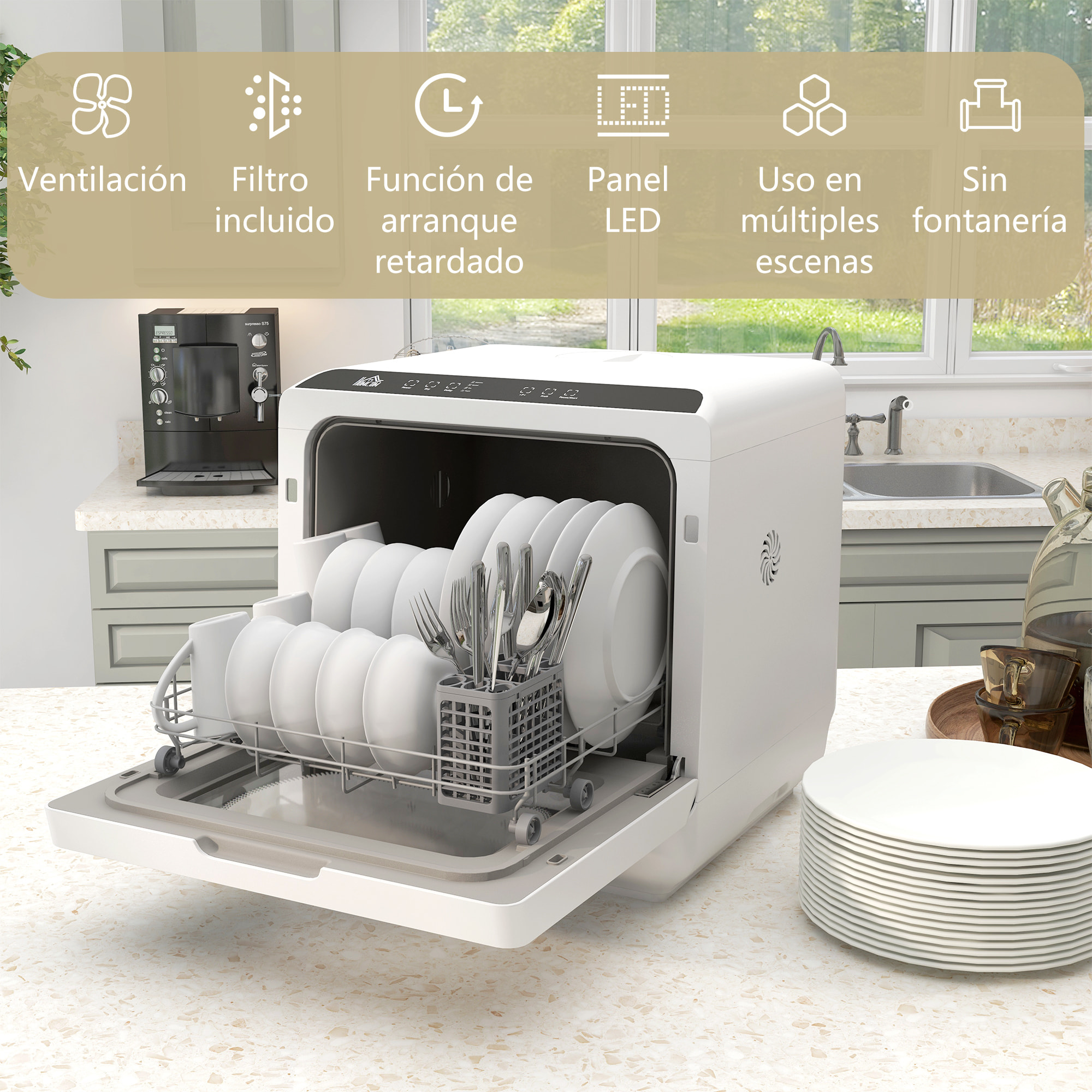 Lavavajillas de Encimera Lavavajillas Pequeño con 5+1 Programas Depósito de Agua de 6L Dos Modos de Suministro de Agua ECO Pantalla LED para Cocina Apartamentos