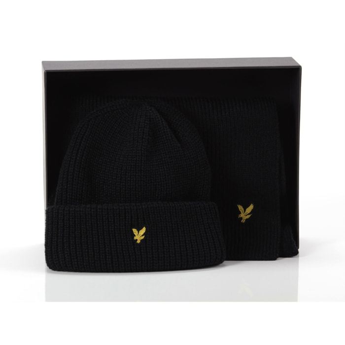 Cappelli Lyle & Scott Lambswool Ribbed Beanie and Scarf set Jet Black Nero