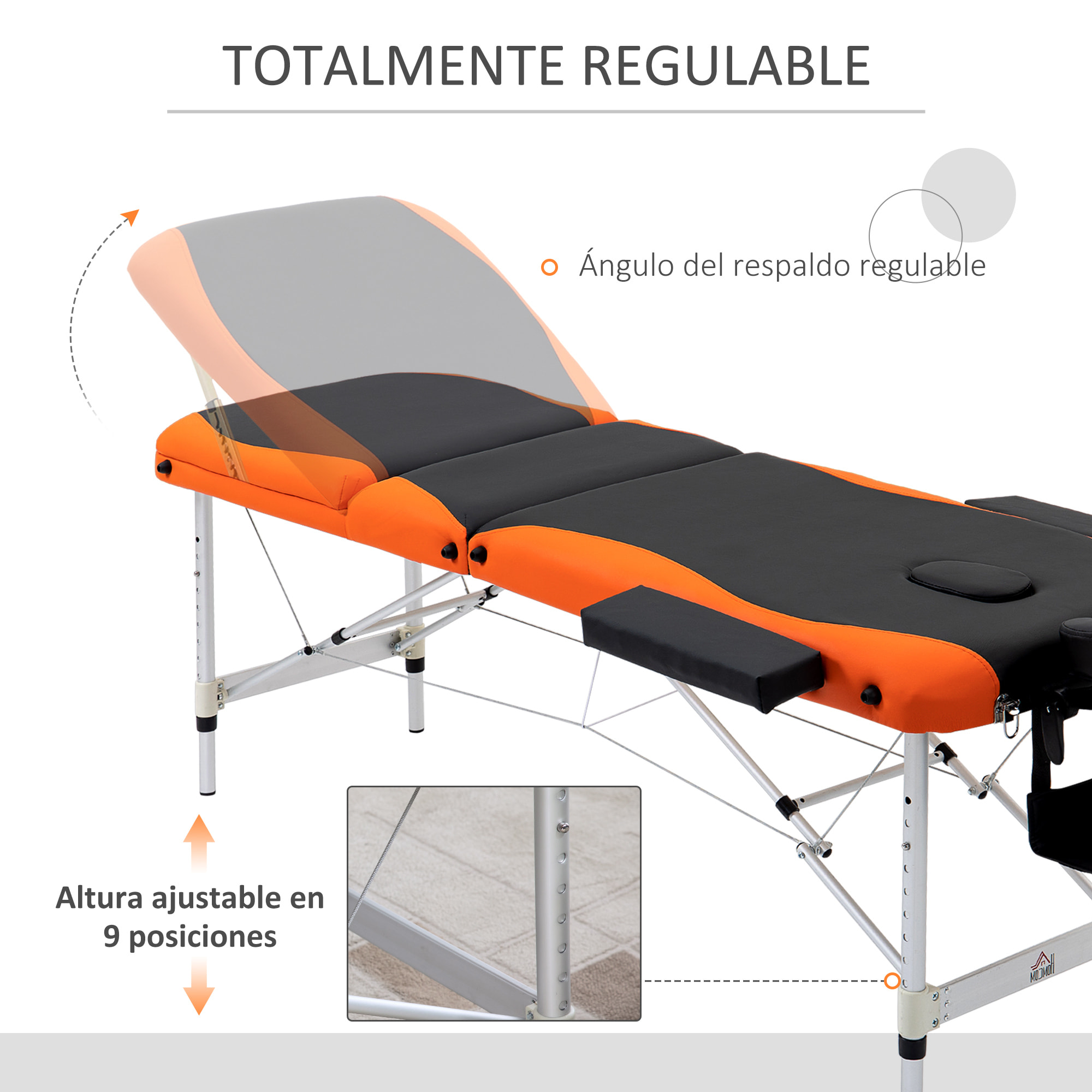 Camilla de Masaje Plegable 185x60cm Portatil Fisioterapeuta 3 Zona Negro y Naranja
