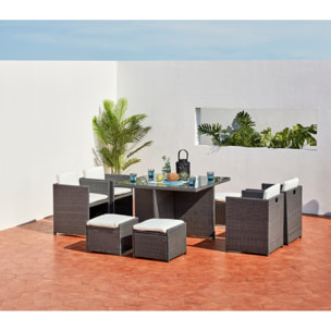 Table et chaises 8 places encastrables en résine gris-blanc REGINA