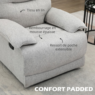 Fauteuil de relaxation grand confort pivotant 360° dossier inclinable repose-pied ajustable tissu gris clair