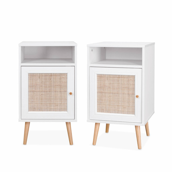 Lot de 2 tables de chevet en cannage - Bohème - 40x39x65.8cm Blanc - 2 niveaux - 1 portes - 1 espace de rangement - pieds scandinaves