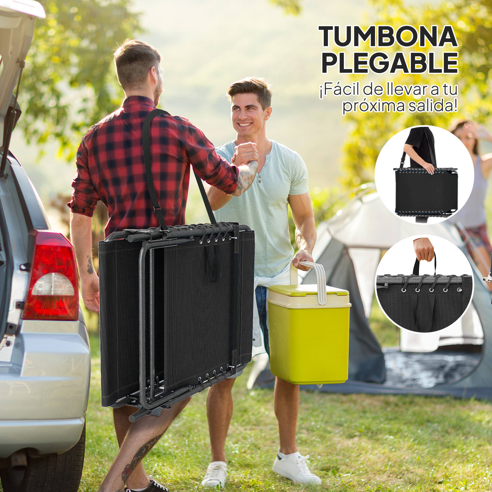 Tumbona Plegable, Tumbona Jardín Exterior con Respaldo Ajustable, Reposacabezas, Bolsillo Lateral, Bandeja y Estructura de Acero, Carga 120 kg para Terraza Piscina Playa, 190x60x31 cm, Negro