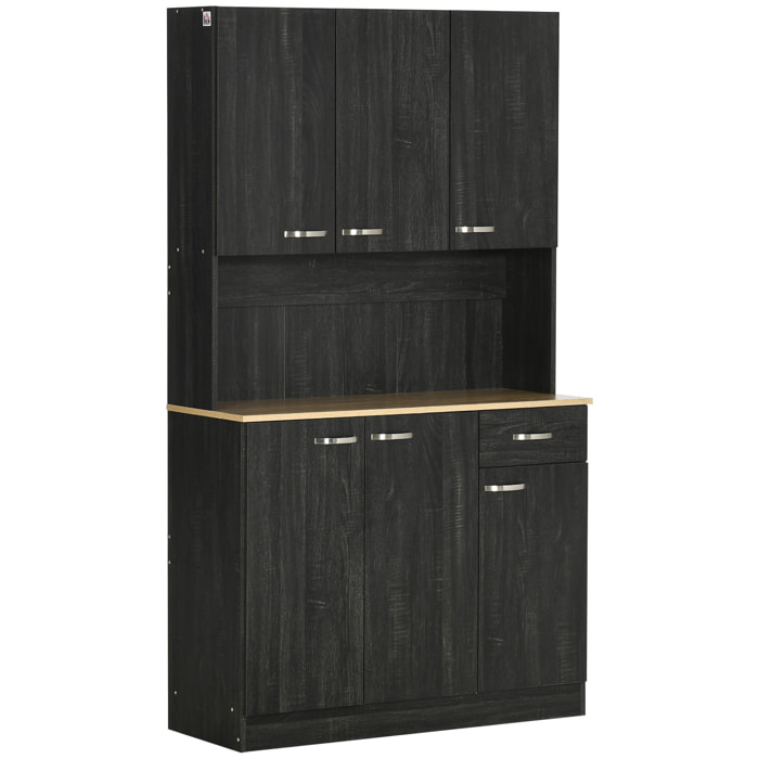 Alacena de Cocina Mueble Auxiliar de Cocina Alta con 6 Puertas Cajón Encimera Abierta y Estantes Ajustables Estilo Moderno Negro Veteado 101x39x180 cm