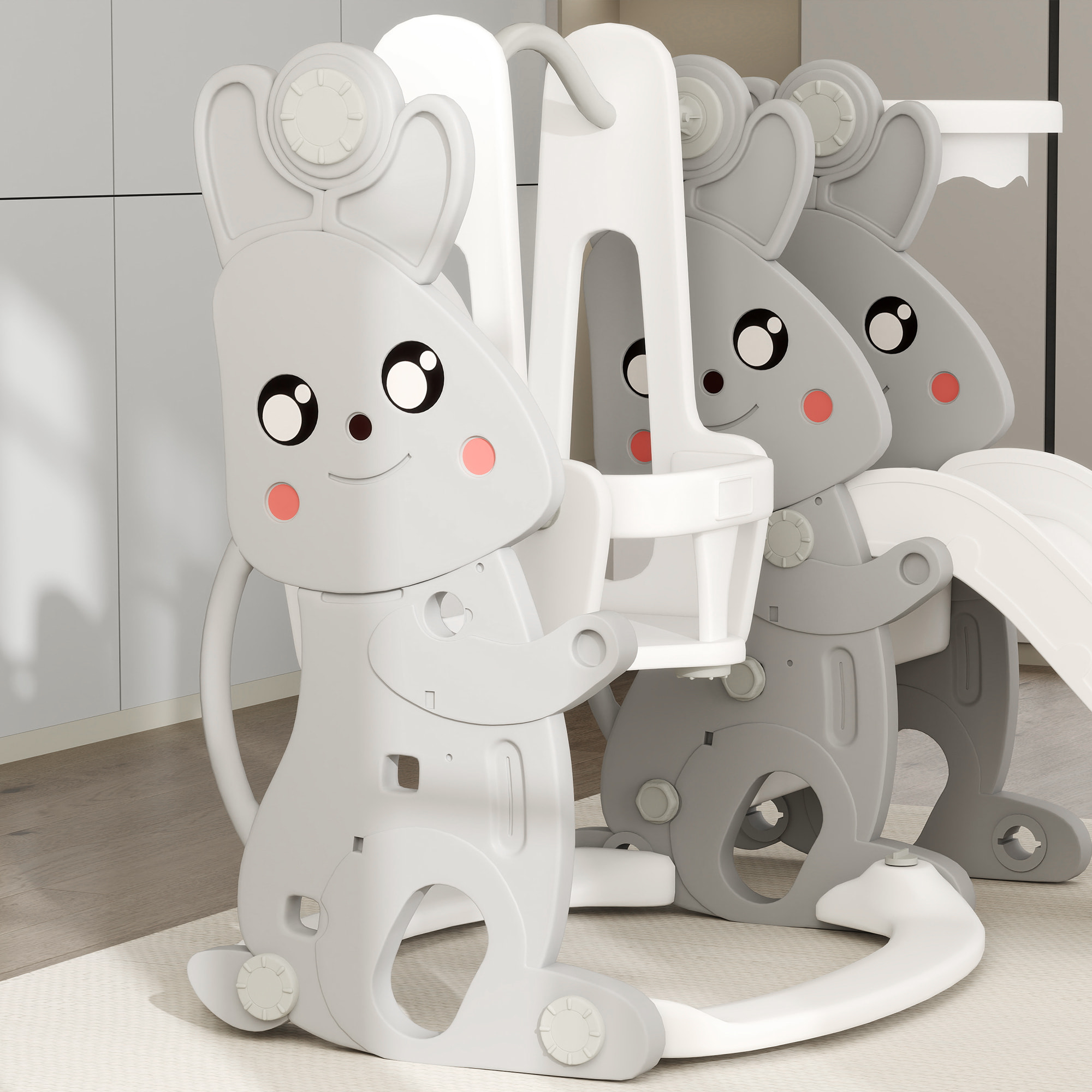 Tobogán Infantil 4 en 1 Columpio y Tobogán Trepador Aro de Baloncesto Temática de Conejo Parque Infantil para Interior y Exterior Gris y Blanco