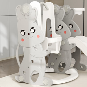 Tobogán Infantil 4 en 1 Columpio y Tobogán Trepador Aro de Baloncesto Temática de Conejo Parque Infantil para Interior y Exterior Gris y Blanco