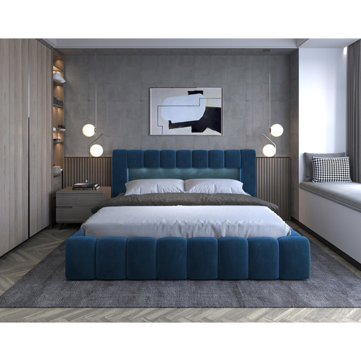 Cleo - lit coffre avec led - 140x200 cm - sommier inclus - en velours - Bleu canard