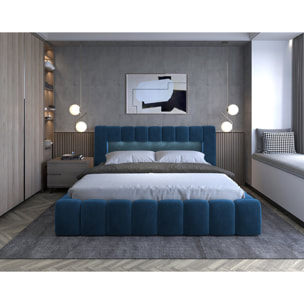 Cleo - lit coffre avec led - 140x200 cm - sommier inclus - en velours - Bleu canard