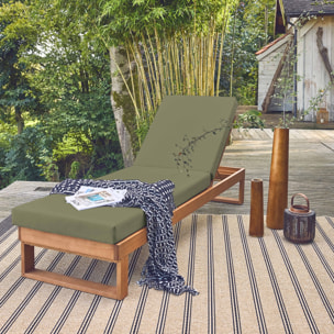 Bain de soleil en bois d'eucalyptus PAMPLONA. multi positions. toile en polyester kaki. 204 x 63 x 11.5 cm