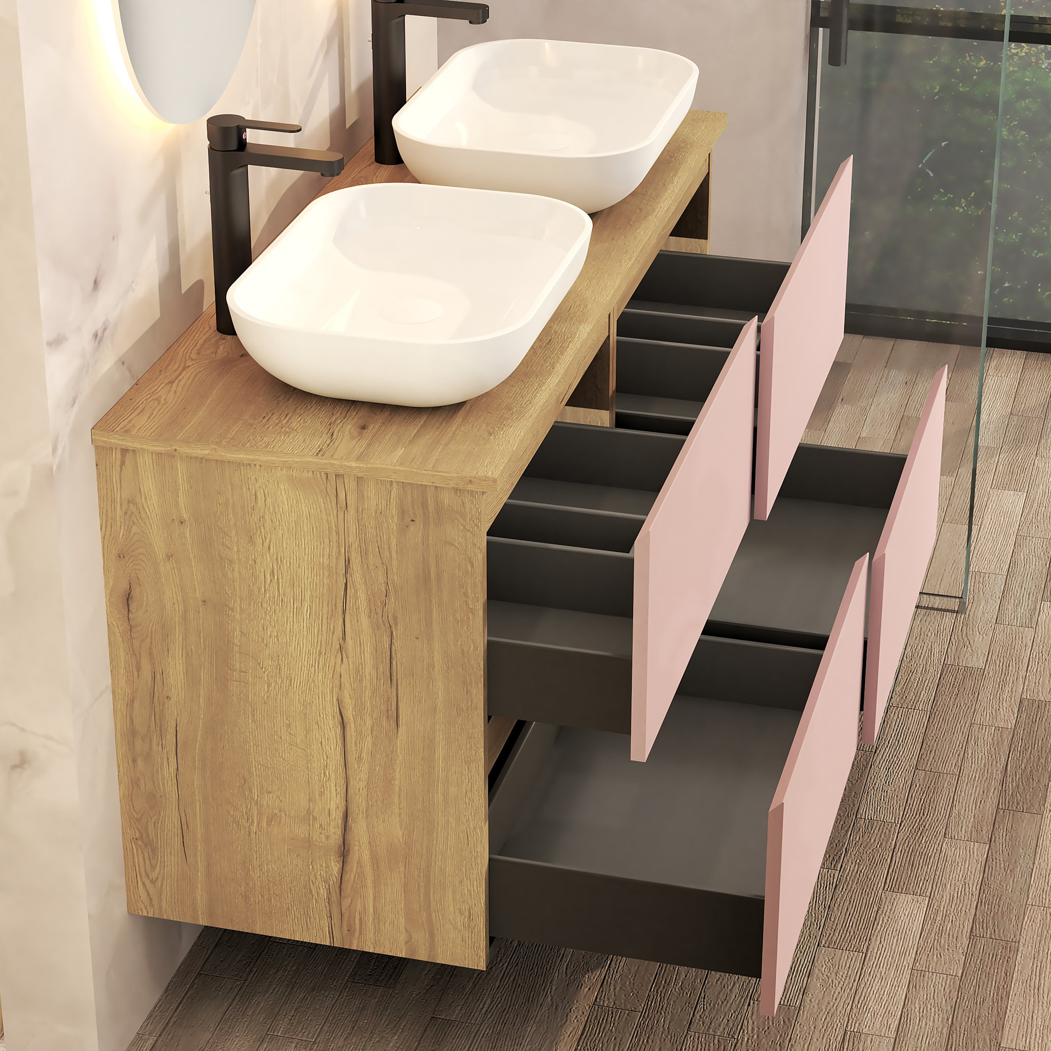 Ensemble Salle de Bain Nia | Meuble Suspendu | 140 cm Rose | 4 Tiroirs | Lavabo sur Plan | N'inclut pas Miroir | Meuble Monté | Alday