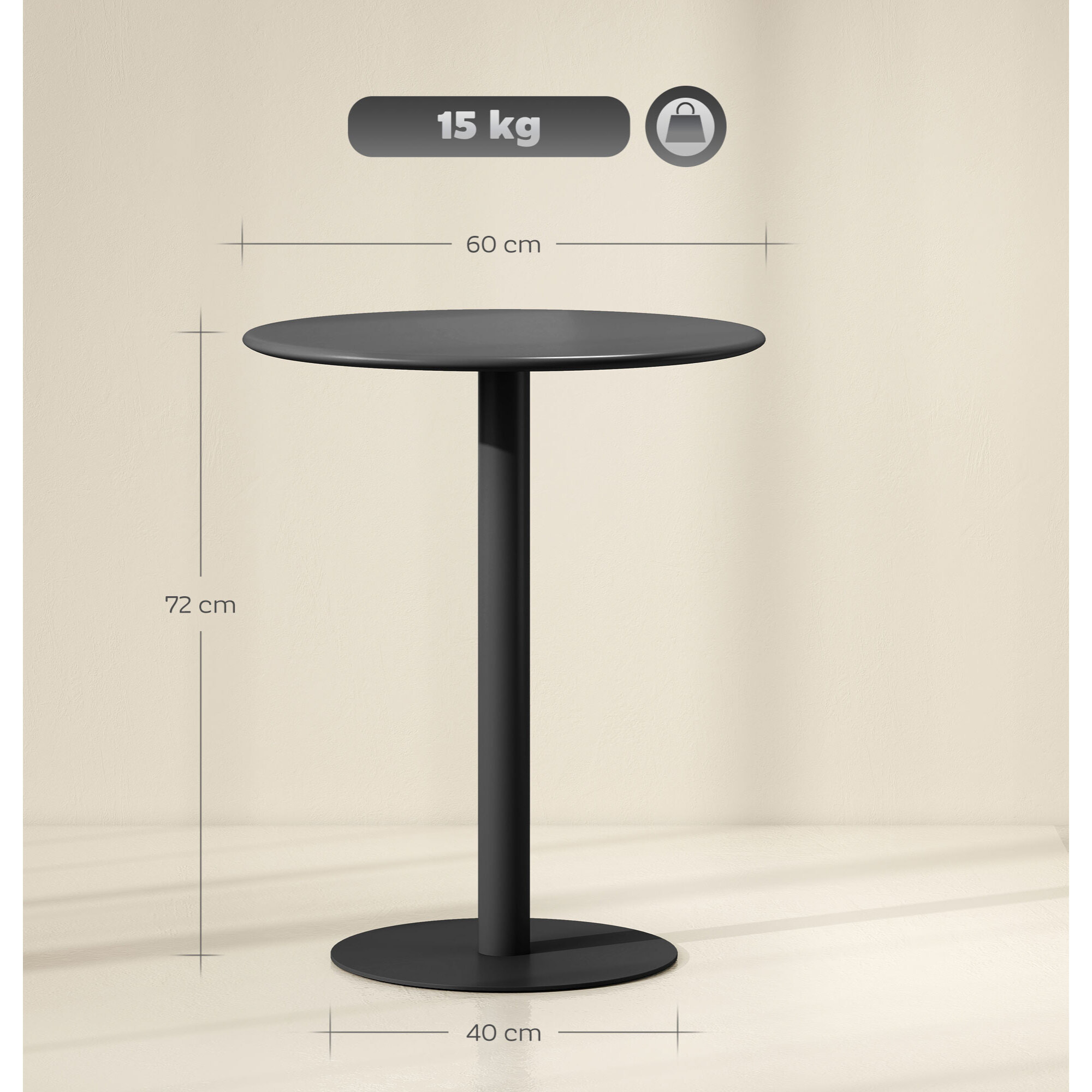 Mesa de Comedor Redonda para 2 Personas Mesa de Cocina de Acero para Interior y Exterior Ø60x72 cm Negro