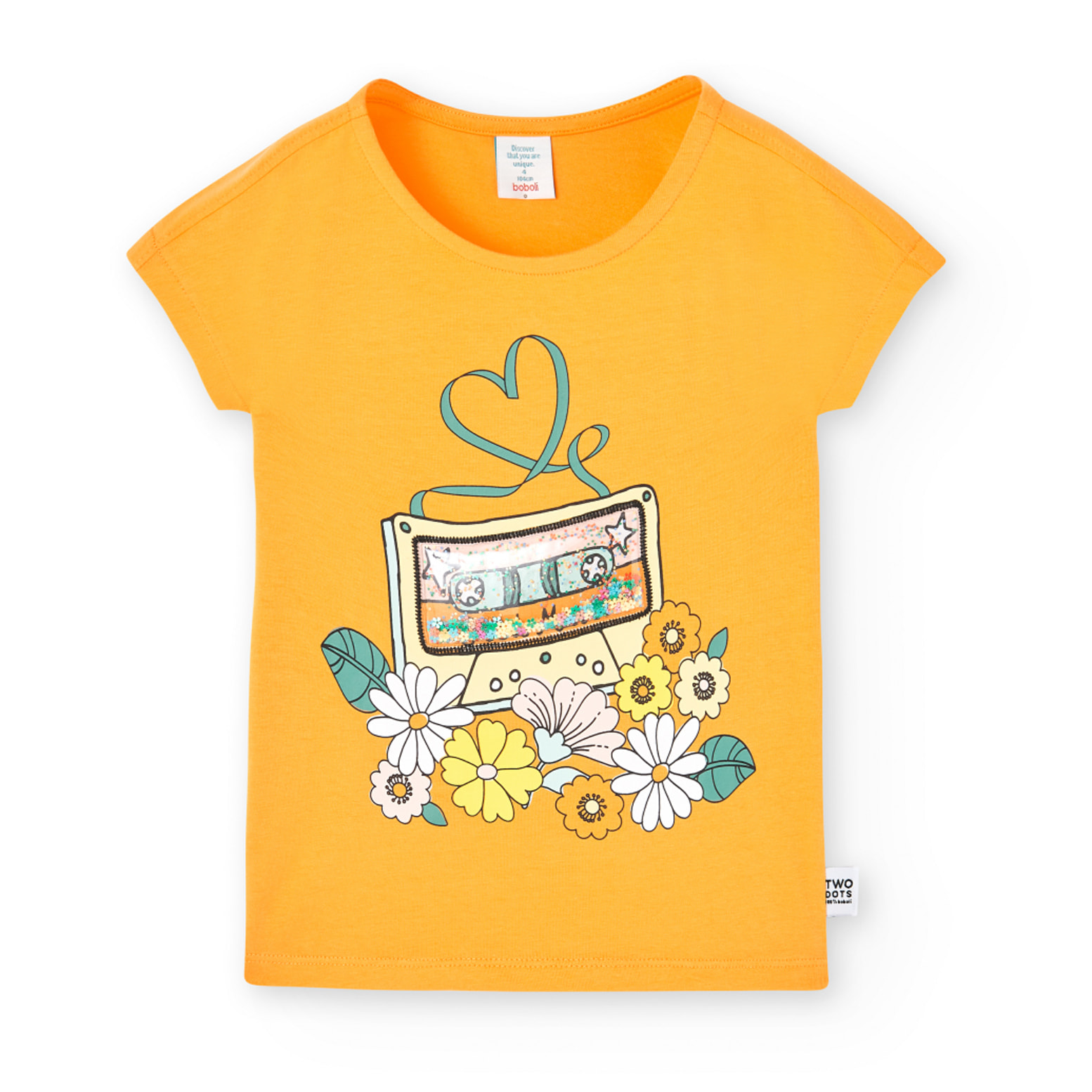 Camiseta elÃ¡stica niÃ±a estampada, mangas cortas, naranja