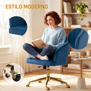 Silla de Oficina con Ruedas, Silla de Escritorio de Terciopelo con Respaldo Acolchado con Costuras, Asiento Ancho, Altura Ajustable, Espuma de Alta Resiliencia, para Casa, Oficina, Azul
