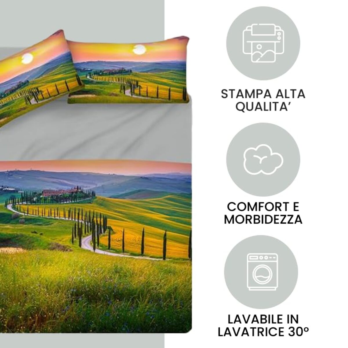 INTRECCI Set Lenzuola Matrimoniali in Cotone, Stampa Alta Qualità, Lenzuolo Sotto + Lenzuolo Sopra + 2 Federe, Comfort, Morbidezza, per Pelli Sensibili, non Stringe in Lavatrice. Fantasia: Tuscany