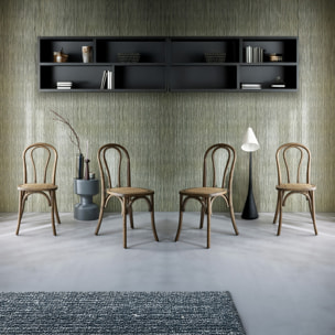 Lot de 4 chaises vintage en bois avec assise en rotin et dossier arrondi. coloris marron vieilli. L 48 x P 49.5 x H 90cm