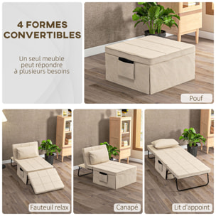 Fauteuil chauffeuse lit convertible chaise longue et pouf 4 en 1 avec dossier inclinable 5 positions 1 place - coussin et pochette rangement inclus - beige