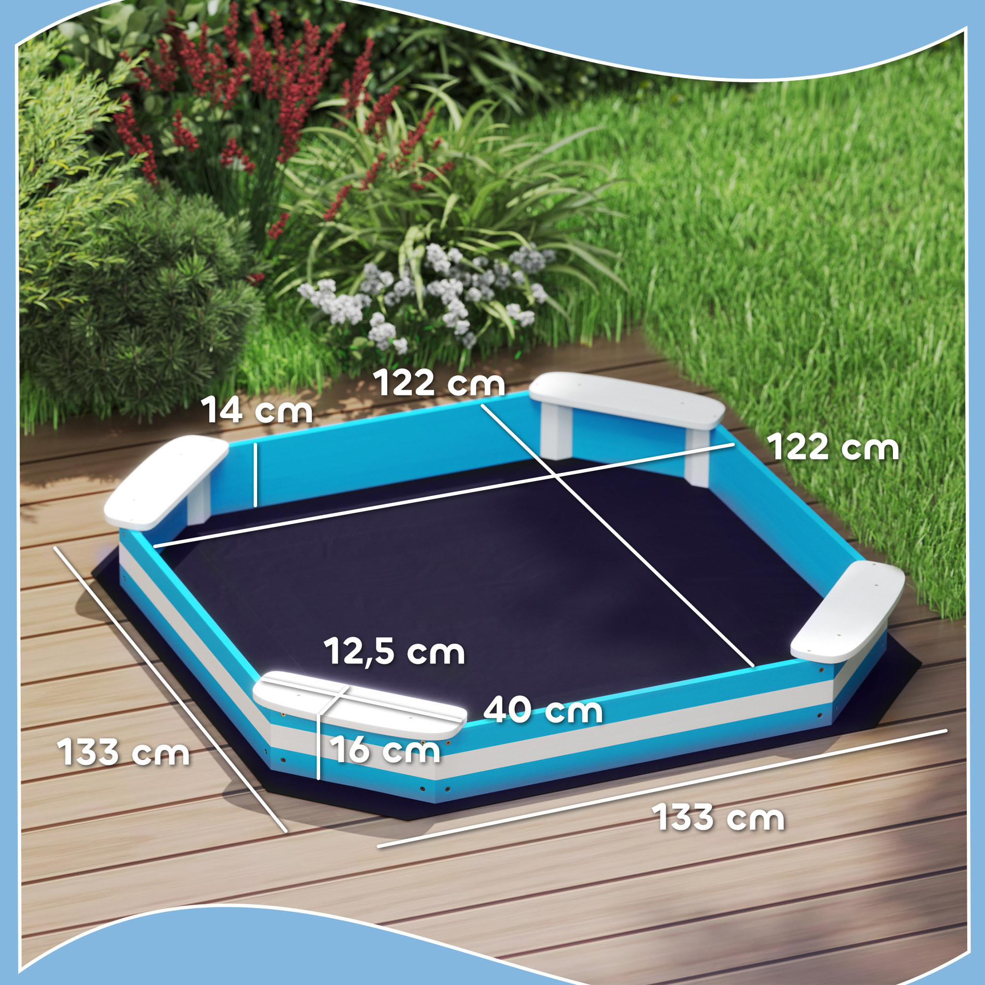 Arenero para Niños de +3 Años Arenero Infantil Cuadrada con 4 Asientos para Exterior 133x133x16 cm Azul y Blanco