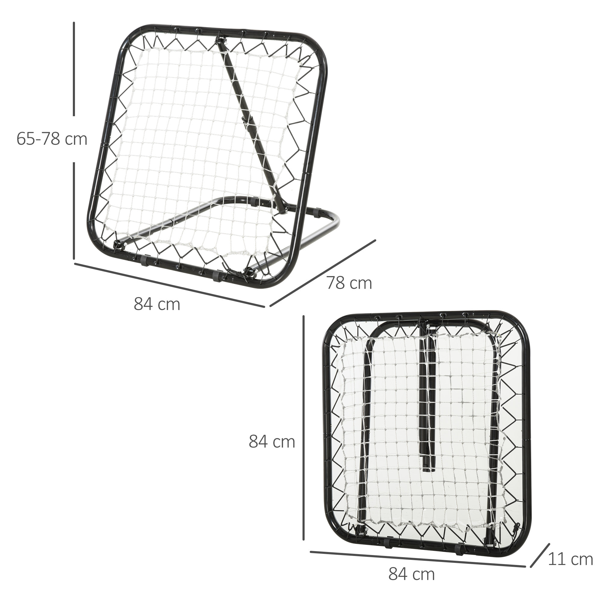 Filet de rebond de football pliable - inclinaison réglable 5 positions - dim. 84L x 78l x 78H cm - piquets d'ancrage inclus filet PE blanc métal époxy noir