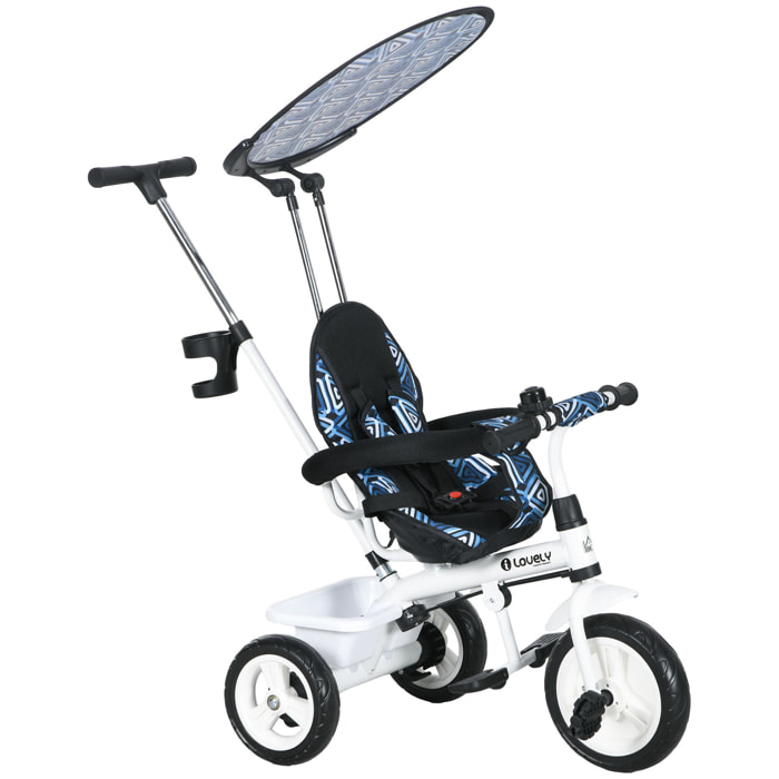 Triciclo para Bebés 6 en 1 Triciclo Evolutivo para Niños de +12 Meses con Toldo Plegable Mango de Empuje Telescópico y Desmontable Asiento Ajustable Cesto y Portabotellas Azul
