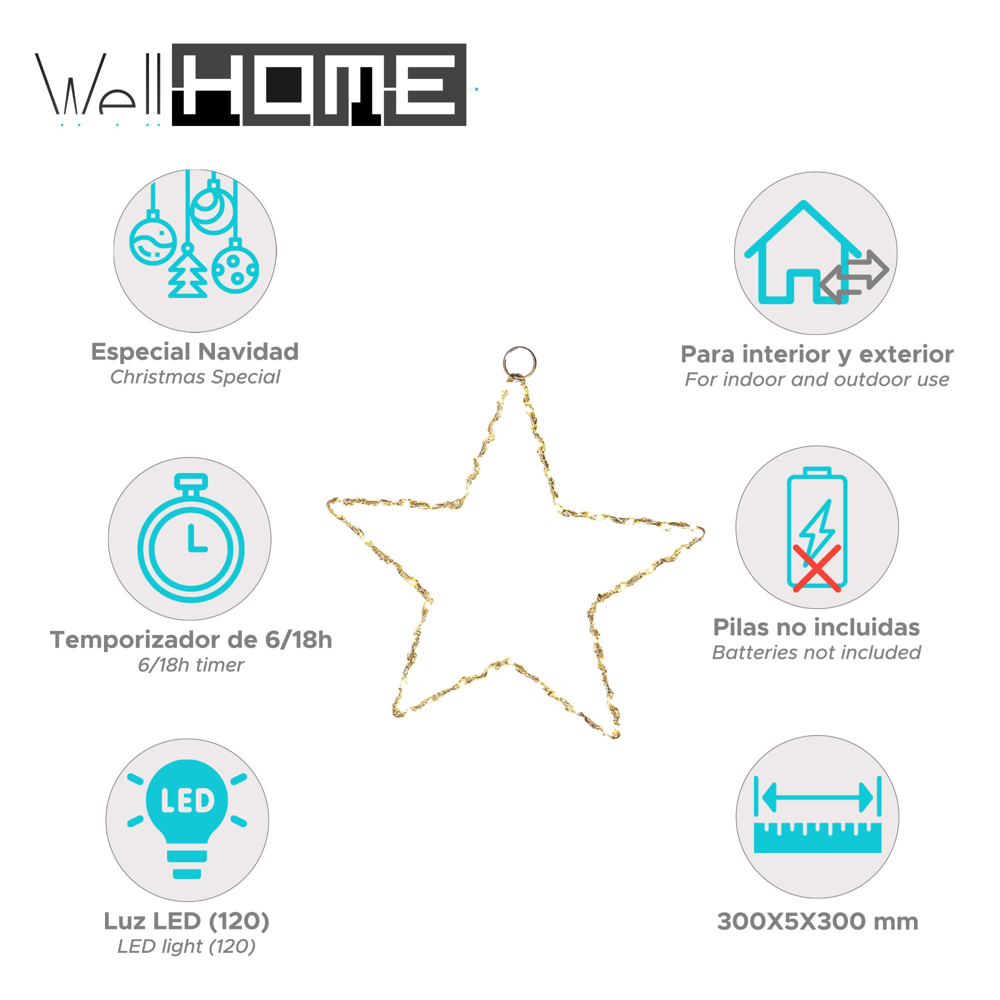 estrella luminosa con 120 luces led blancos cálidos 30x0,5x30cm