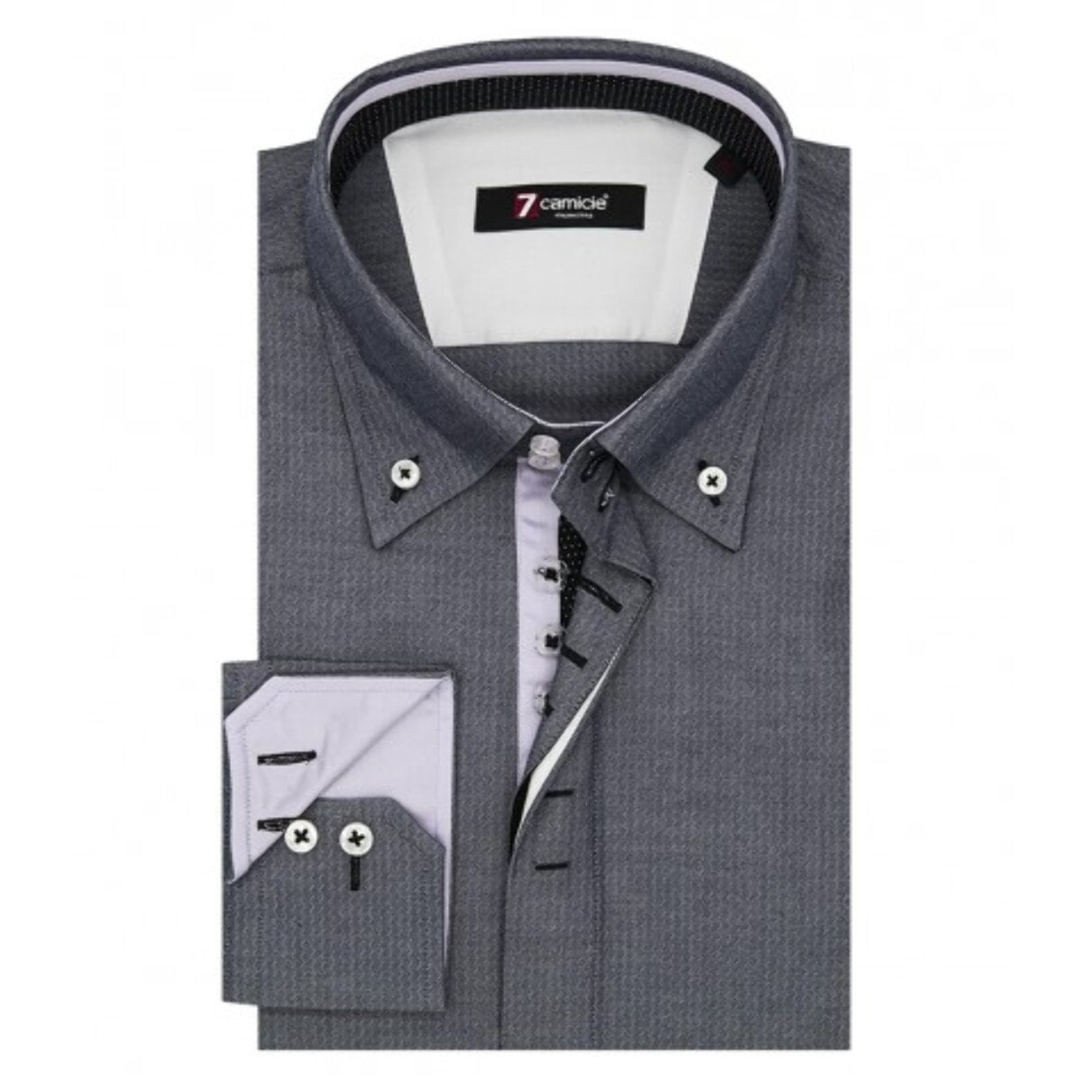 Camicia Uomo 2 Bottoni Button Down Slim Jacquard Fantasia Grigio Scuro