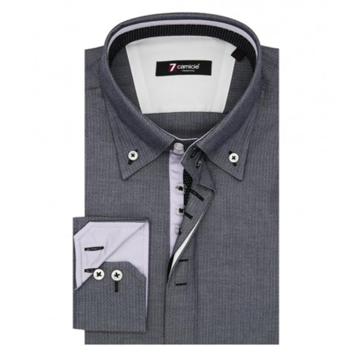 Camicia Uomo 2 Bottoni Button Down Slim Jacquard Fantasia Grigio Scuro