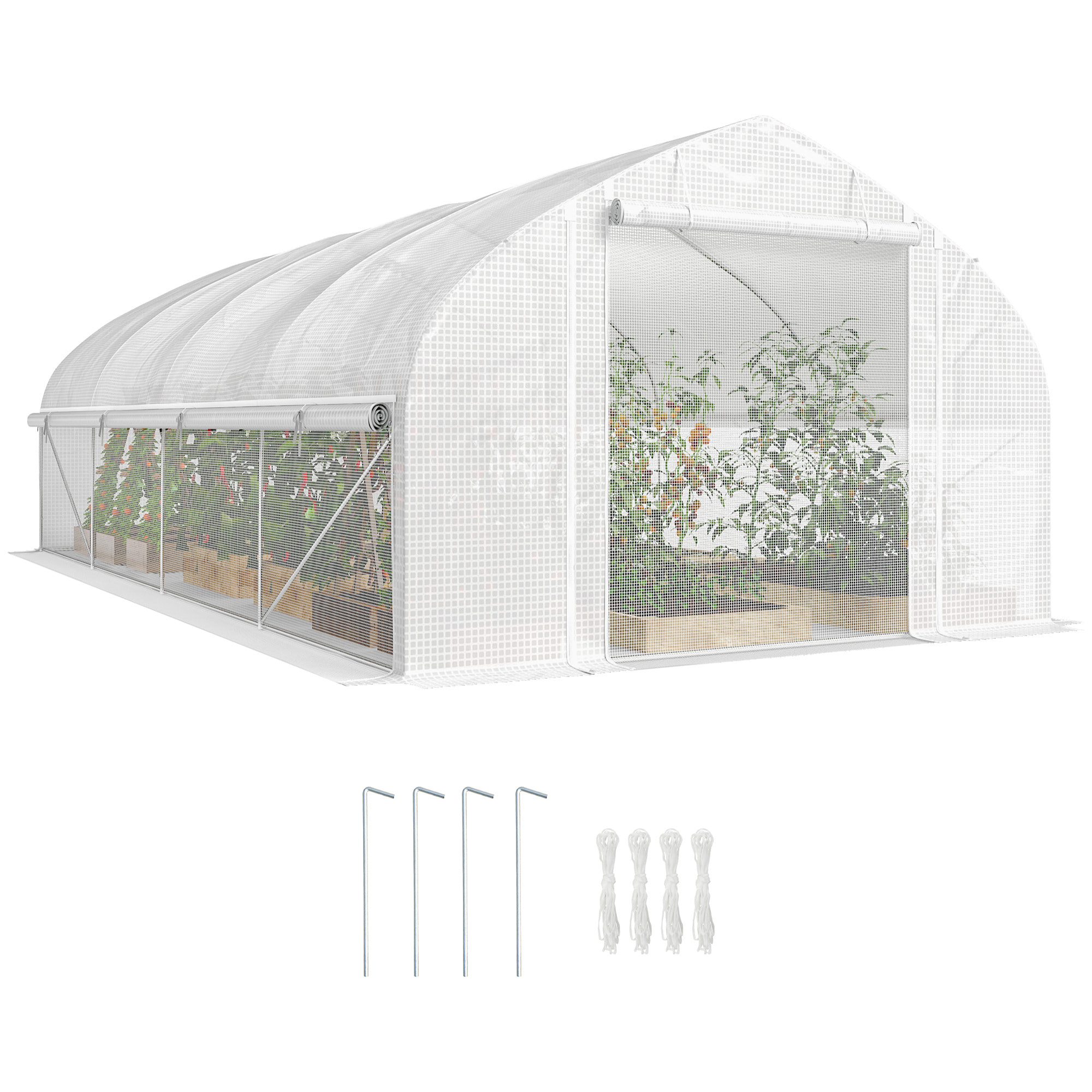 Invernadero de Exterior, 6x3x2 m, Invernadero de Túnel con 8 Ventanas, Cubierta de PE, Anti-UV y Puerta Enrollable con Cremallera, Paredes Laterales con Malla, para Cultivos, Plantas, Blanco