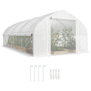 Invernadero de Exterior, 6x3x2 m, Invernadero de Túnel con 8 Ventanas, Cubierta de PE, Anti-UV y Puerta Enrollable con Cremallera, Paredes Laterales con Malla, para Cultivos, Plantas, Blanco