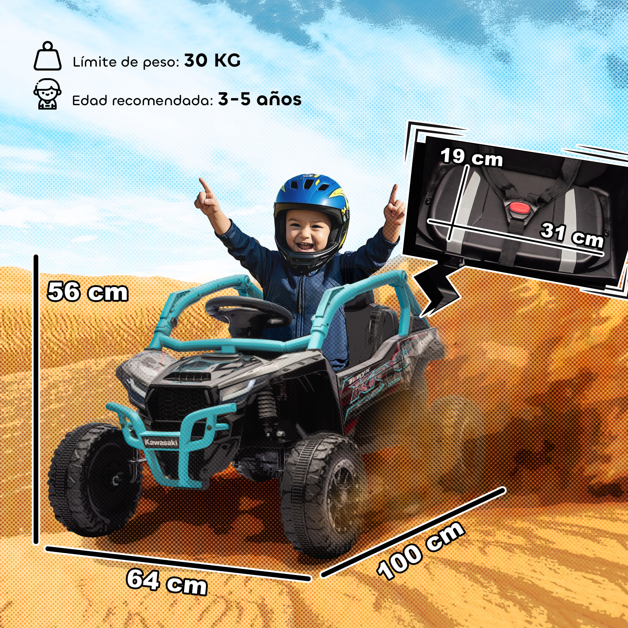 Coche Eléctrico para Niños 12V, Kawasaki Teryx KRX 1000, Coche de Batería UTV con 2 Motores, Control Remoto 2,4G, Suspensión Trasera, Faros, USB, para Niños de +3 Años, Azul