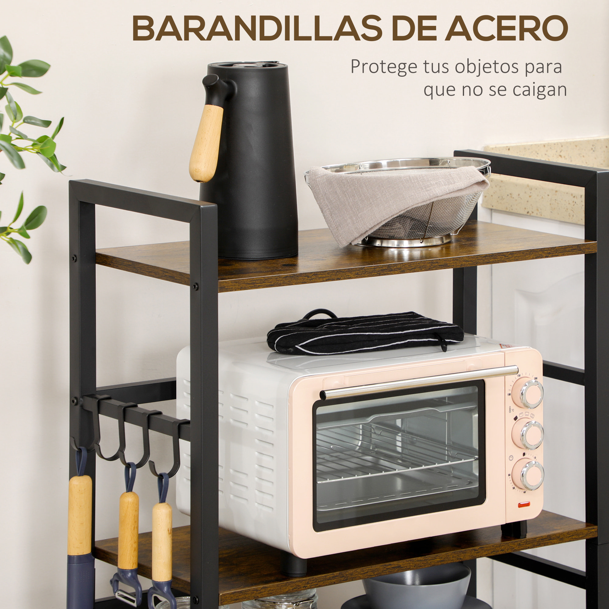 Estantería de Cocina de 4 Niveles Estante de Cocina con 4 Estantes Ganchos y Sistema Antivuelco Estantería para Microondas 65x30x102 cm Marrón Rústico y Negro