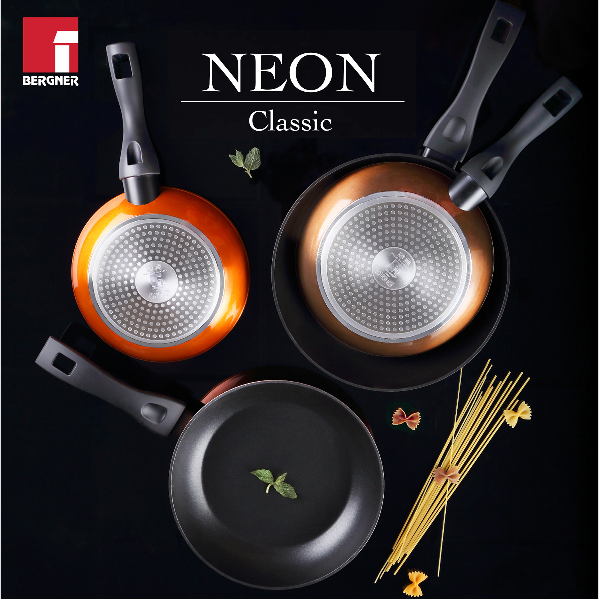 Bateria de cocina 7 piezas MAGEFESA Kenia de acero vitrificado con juego de sartenes (20/24 cm) BERGNER Neon Classic en aluminio forjado