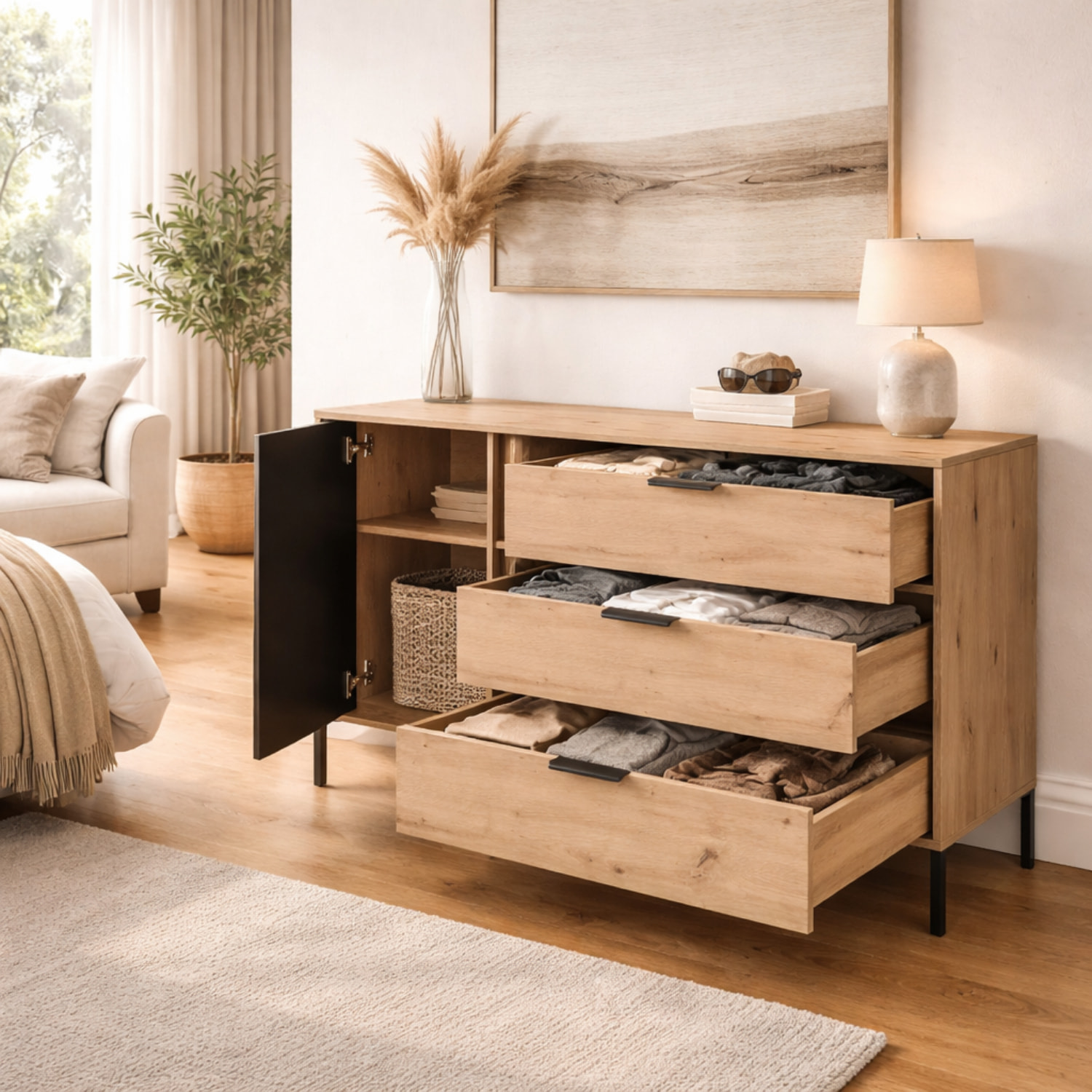 Comò Moderno Con 3 Cassetti E Anta Battente Cassettiera Mobile Contenitore Elegante Base In Metallo 137.3 x 81.4 x 39.5 Cm Rovere E Grigio Antracite