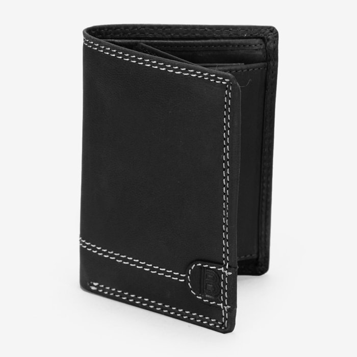 Cartera piel negra con costuras y portamonedas